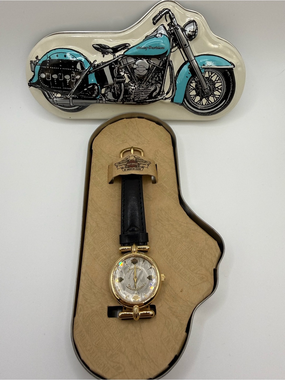 Vintage Harley-Davidson Women’s Crystal Dial Watch Black Leather Band Motorcycle